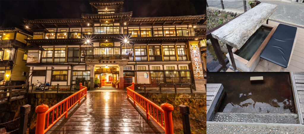 銀山温泉のライトアップと足湯