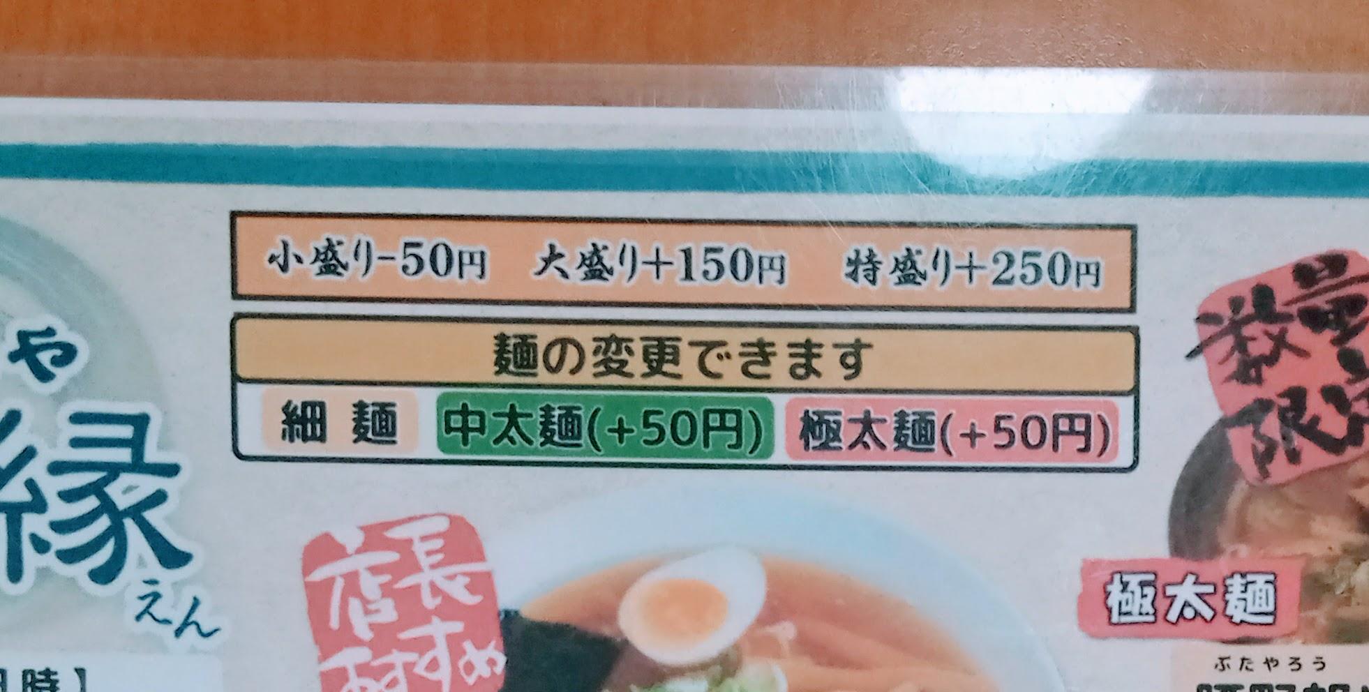 麺の量と麺の種類のメニュー