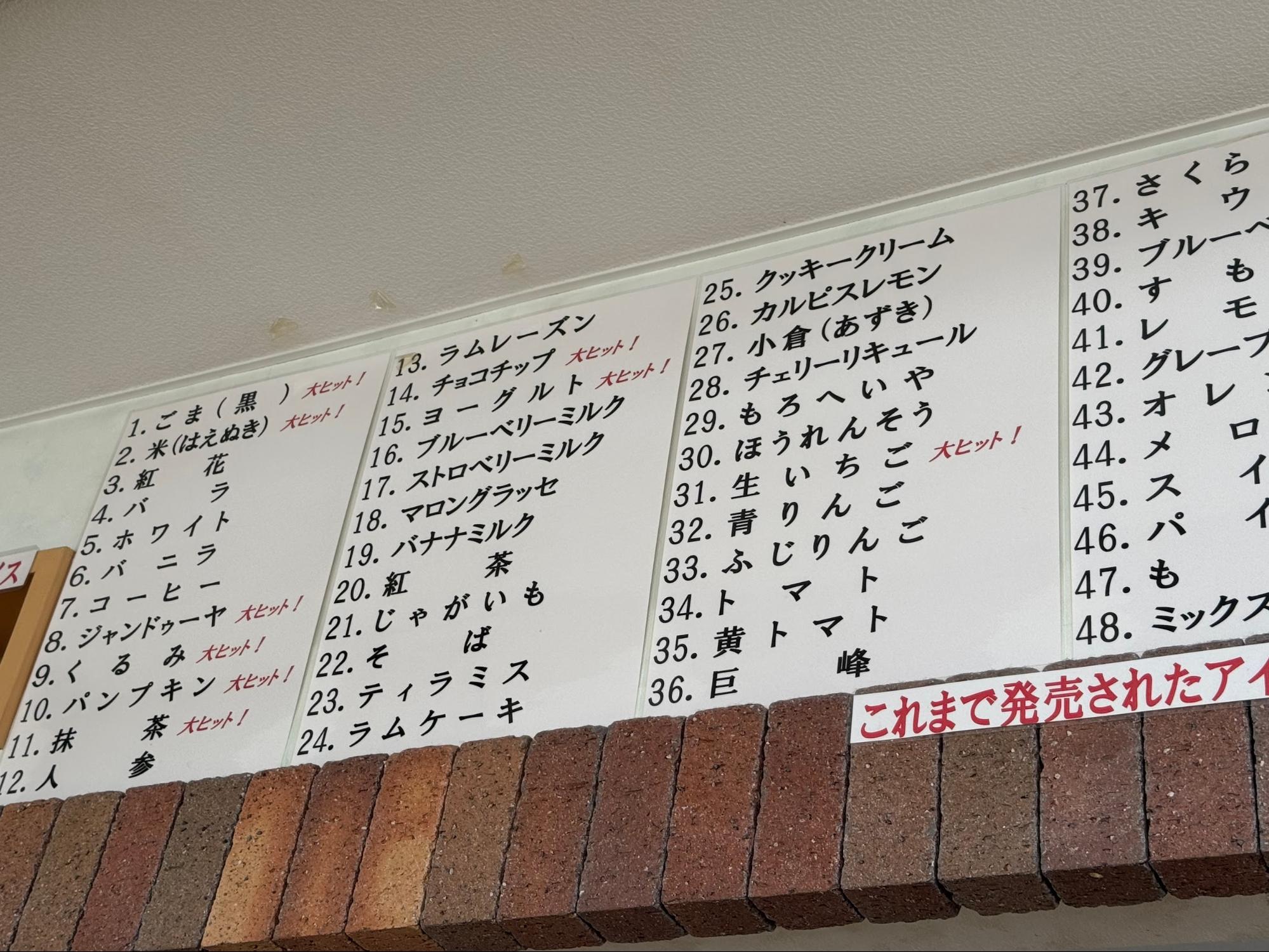 ジェラートのメニュー表